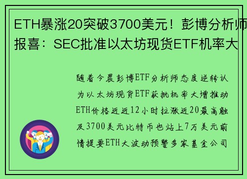 ETH暴涨20突破3700美元！彭博分析师报喜：SEC批准以太坊现货ETF机率大增至75 