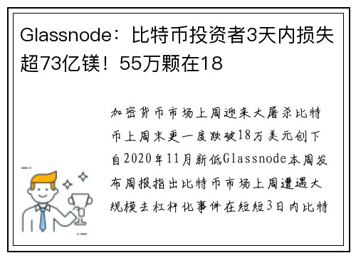 Glassnode：比特币投资者3天内损失超73亿镁！55万颗在18