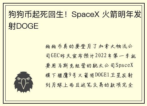 狗狗币起死回生！SpaceX 火箭明年发射DOGE